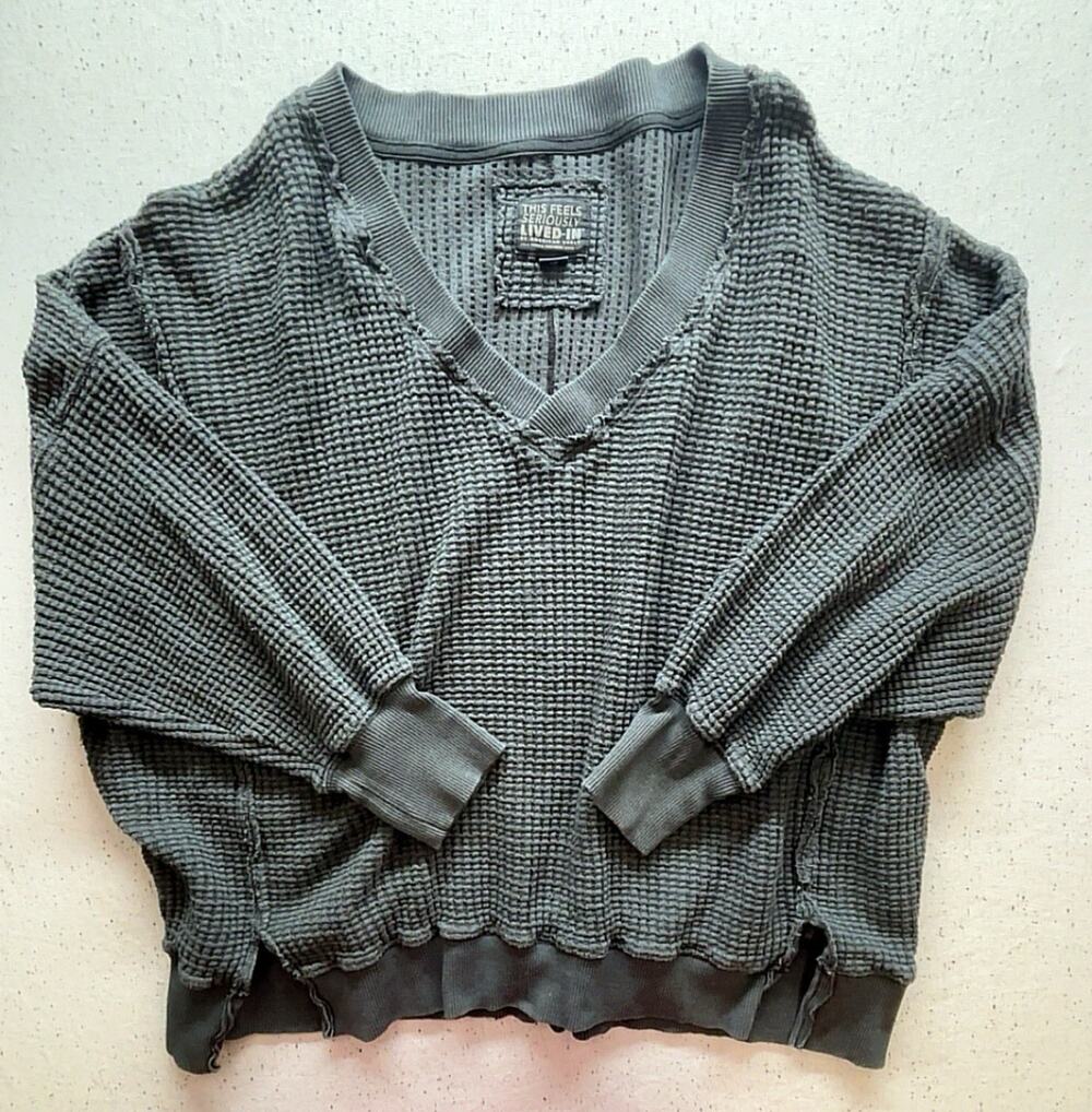 Y2K American Eagle Seriously Lived In Waffle Knit V Neck Sweater Womens Gray L